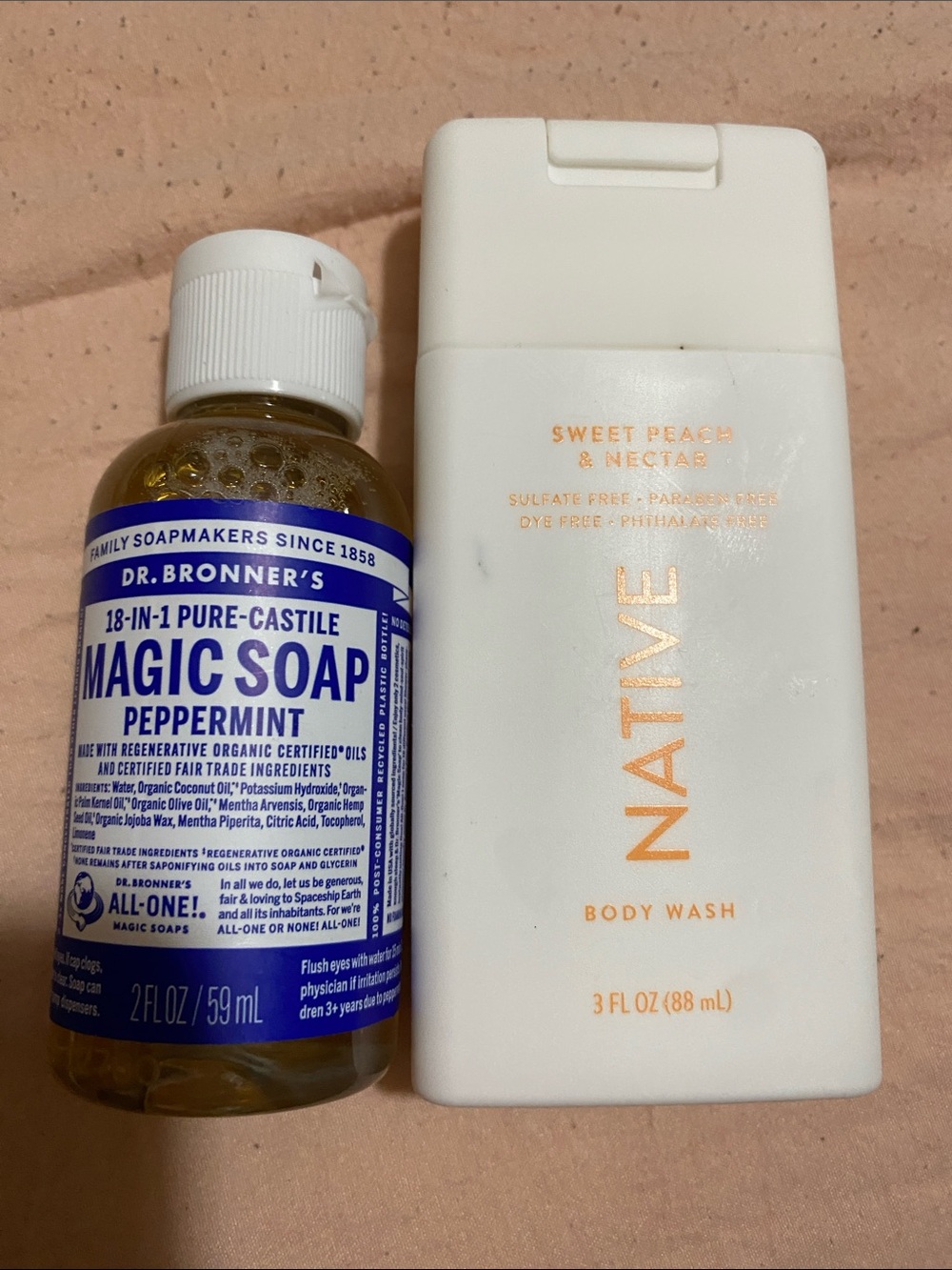 Native sweet peach and nectar bodywash and Dr.Bonner magic soap in peppermint